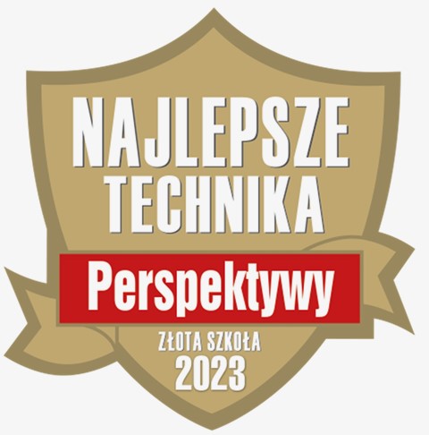 Tarcza z napisem_ Najlepsze technika Perspektywy_Złota Szkoła 2023