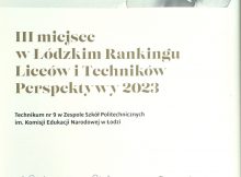 III miejsce szkoły w Łódzkim Rankingu Liceów i Techników Perspektywy 2023