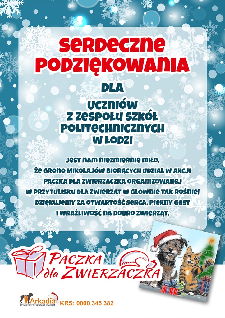 Podziękowanie za udział w akcji „Paczka dla Zwierzaczka”