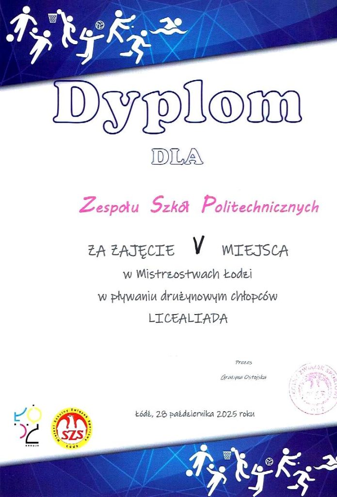 Dyplom dla ZSP za zajęcie V miejsca w Mistrzostwach Łodzi w pływaniu drużynowym chłopców