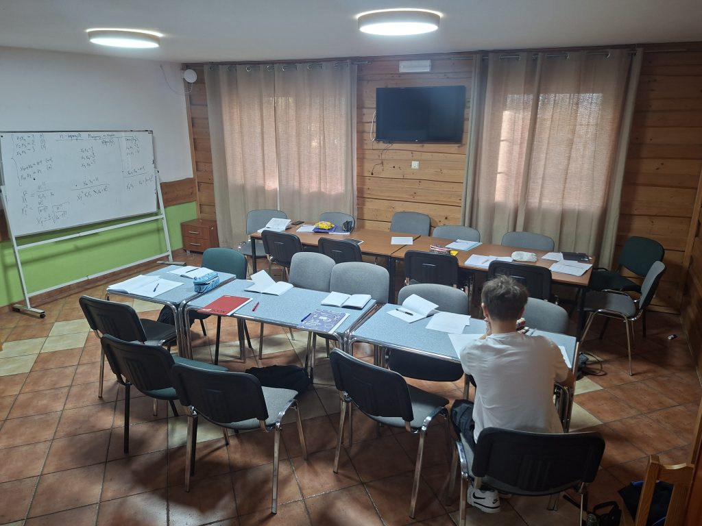 Uczeń siedzący tyłem do obiektywu przy  dużym stole, na którym znajdują się książki i zeszyty 