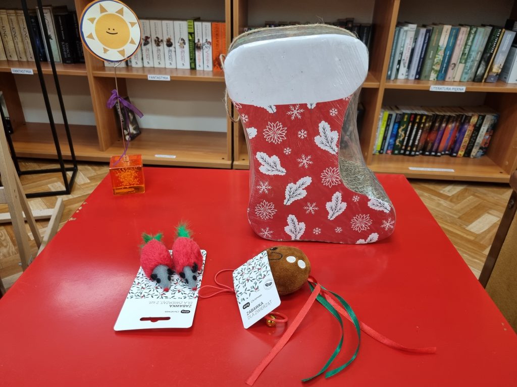 Na czerwonym stoliku zabawki dla kota