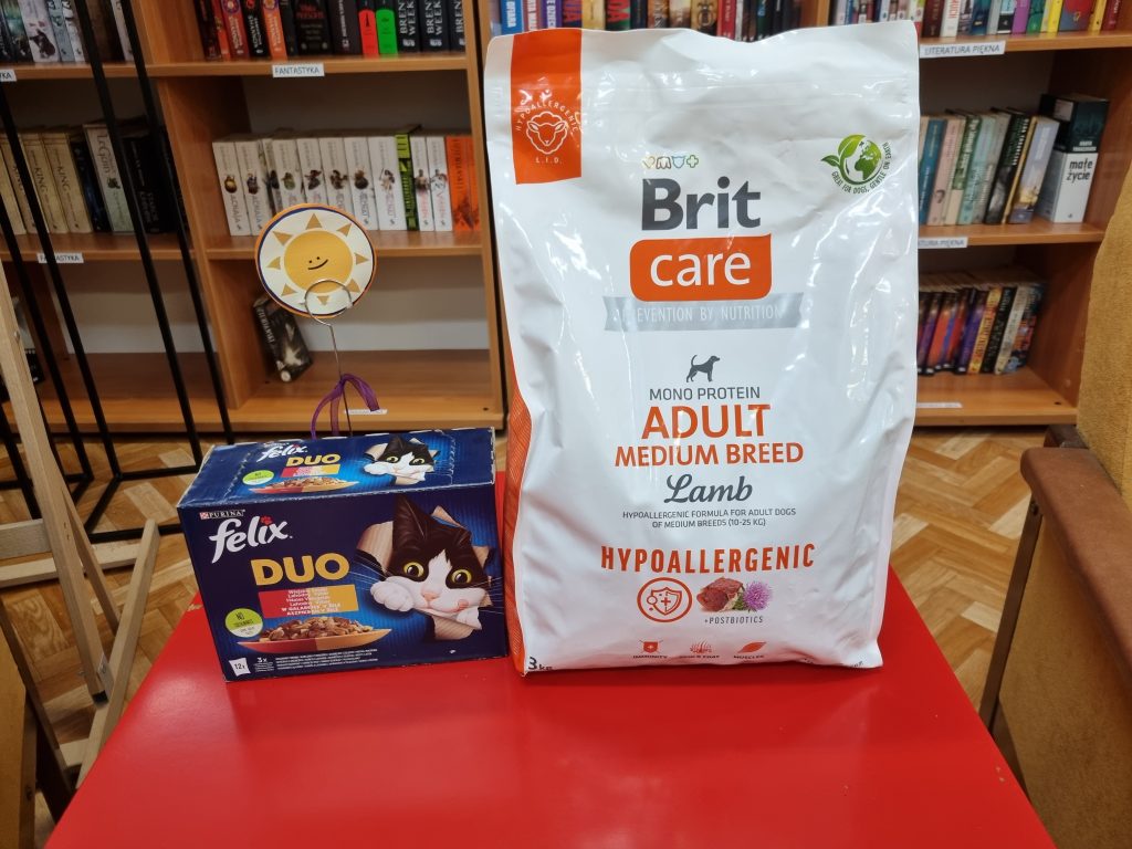 Na czerwonym stoliku saszetki dla kota  i sucha karma dla psa.