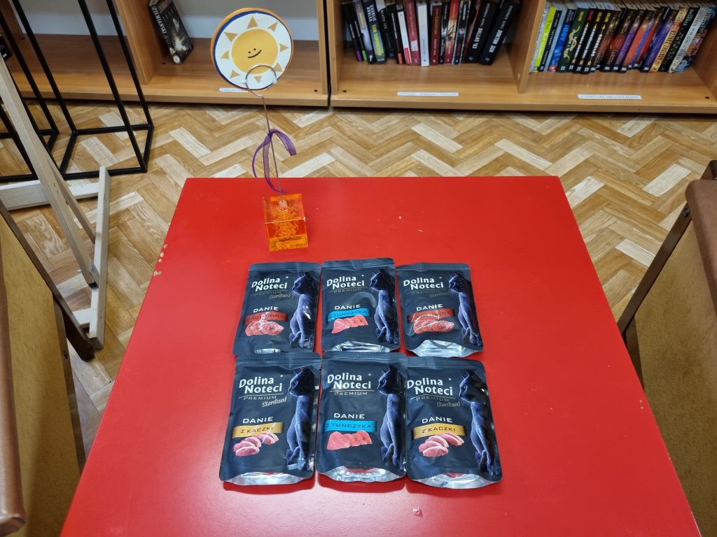 Na czerwonym stoliku saszetki dla kota