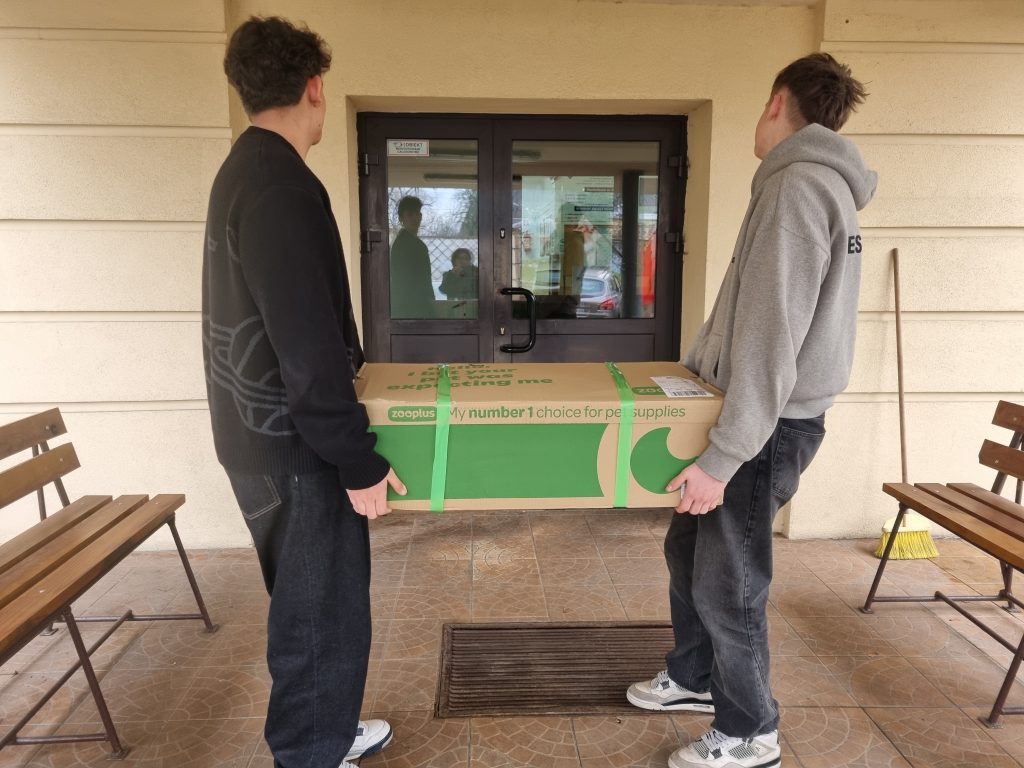 Dwóch uczniów wnosi paczkę darów do szkoły 