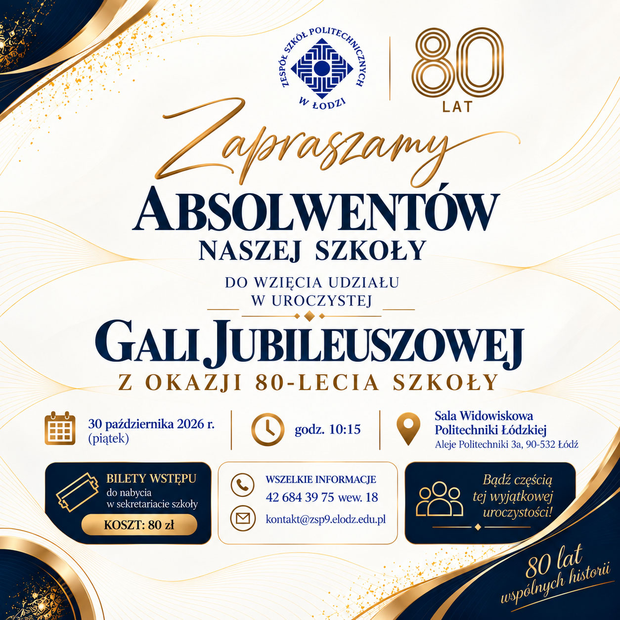 Zaproszenie na Galę Jubileuszową 80-lecia szkoły